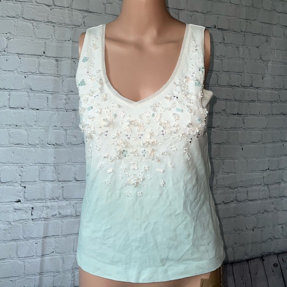 JON Tops - JON Cream & Green Bedazzled Tank top size M
